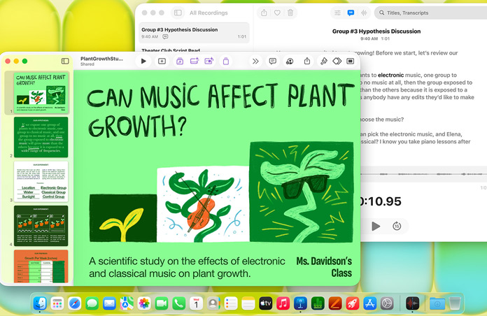 En Mac-skærm viser en Keynote-præsentation med titlen “Kan musik påvirke planters vækst?” sammen med en transskription fra Memoer for at vise, hvor alsidig enheden er