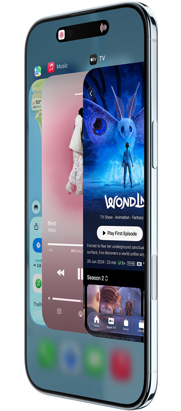 iPhone Air, face avant, côté, avec les apps Plans, Musique et Apple TV, présentant la fonctionnalité Sélecteur d’app en cours d’utilisation