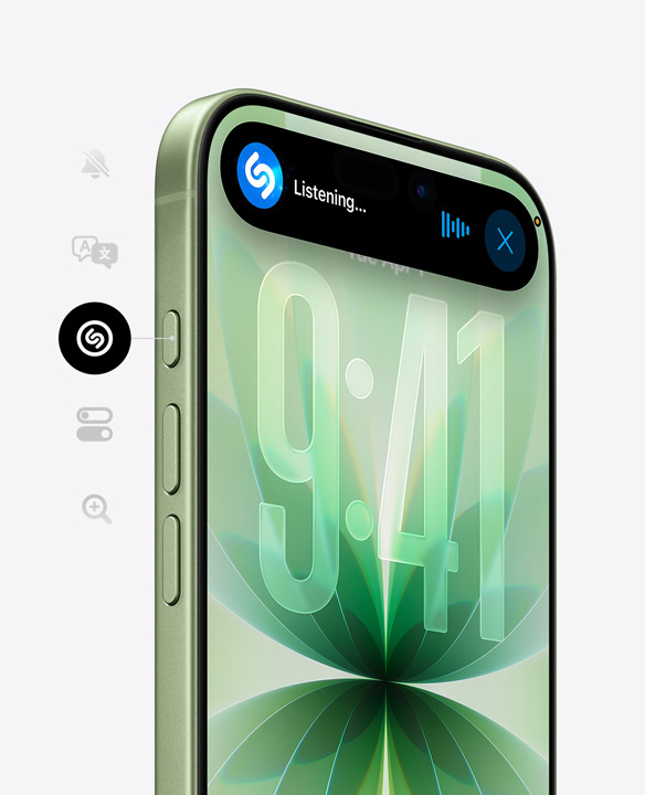 Vista frontal do iPhone 17 verde sálvia, com Ceramic Shield, Dynamic Island a mostrar o Shazam em utilização, e vista lateral a mostrar os botões Ação e de volume