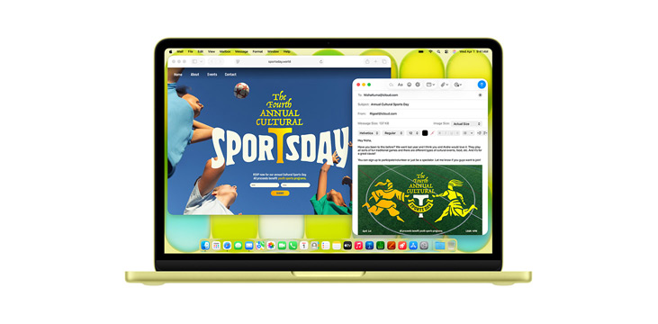 Demonstration af apps som Microsoft PowerPoint, Beskeder og Pages på 14" MacBook Pro.
