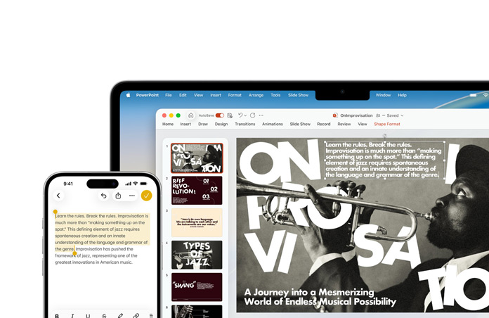 En iPhone 16 Plus viser uthevet tekst i Notater-appen, mens en MacBook Air viser et lysbilde i PowerPoint. Teksten fra Notater-appen er synlig i lysbildet.