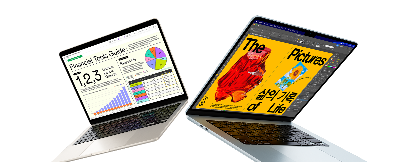 13" und 15" MacBook Air Laptops – ein Display zeigt ein Projekt in Numbers, das andere eine Designarbeit