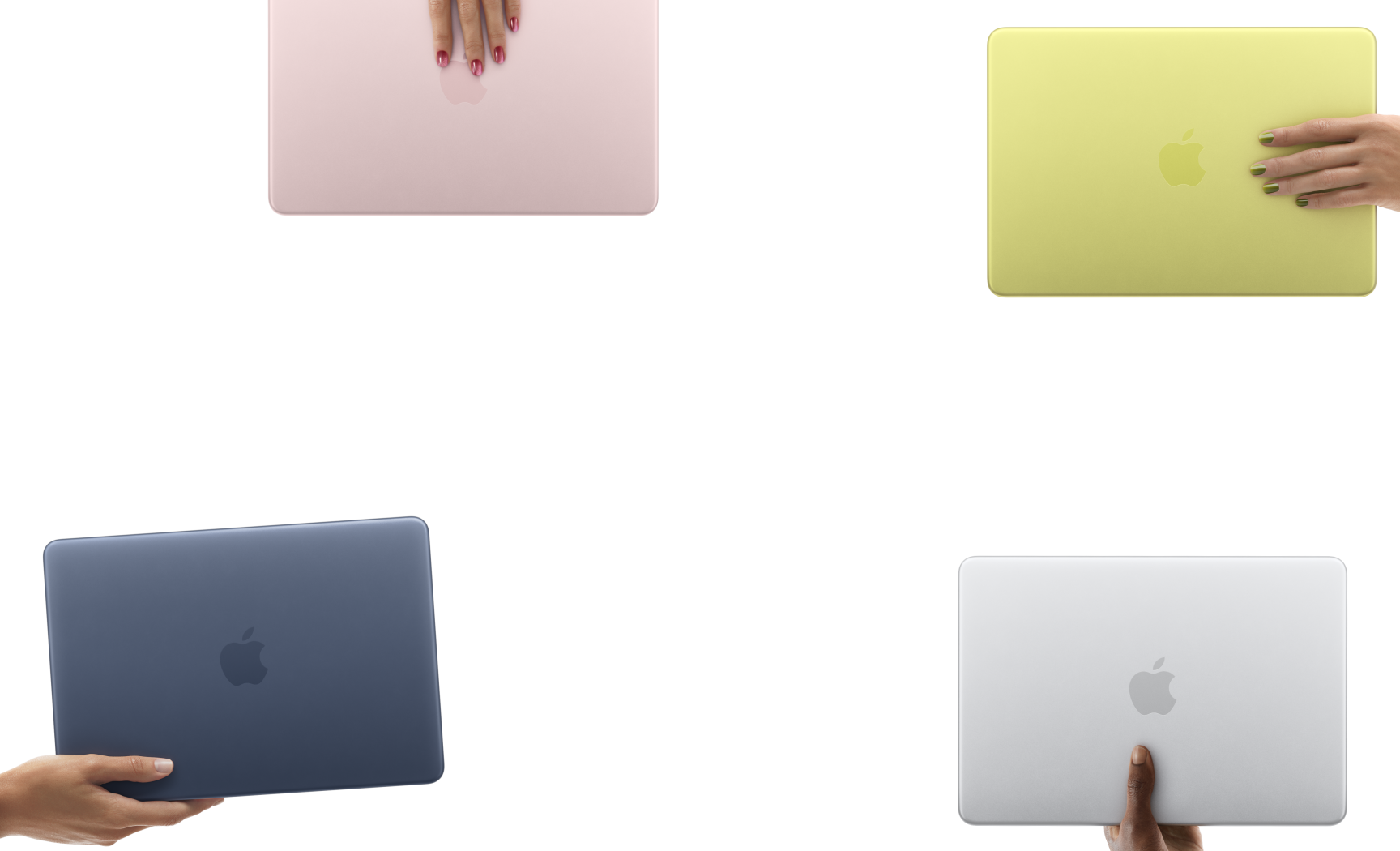 MacBook Neo Laptops in verschiedenen Farben, die jeweils von der Hand einer anderen Person gehalten werden