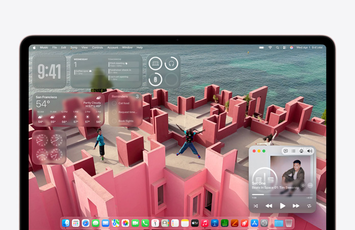 MacBook Neo-skærm tilpasset med en skrivebordsbaggrund med en tagterrasse ved havet og forskellige widgets som Musik, Kalender, Vejr og Påmindelser