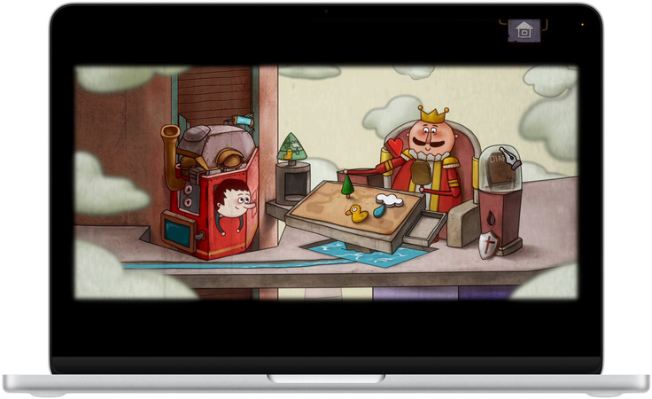 MacBook Neo, Farbe Silber, das Display zeigt eine Szene aus dem Spiel One Way: The Elevator