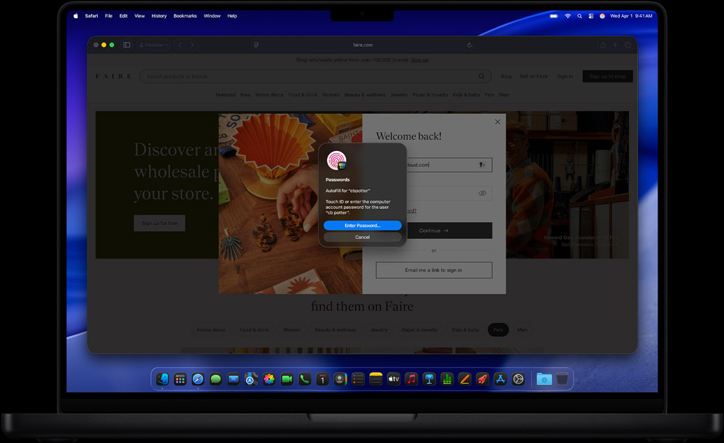 MacBook Pro, Farbe Space Schwarz, Safari und die Passwörter App, die den Benutzer auffordert, sich mit Touch ID bei einer Website anzumelden