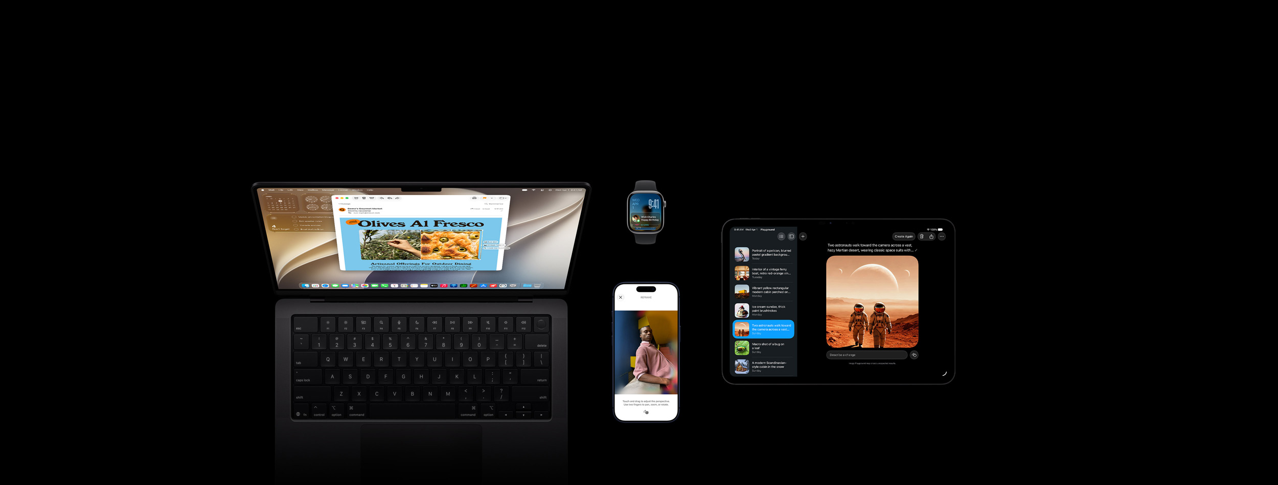 Quattro prodottii: iPhone 17 Pro, blu profondo, con la funzione di fotoritocco Reinquadra e l’immagine di una persona appoggiata a un bancone; Apple Watch Series 11, da 46 mm, grigio siderale, con la data, la schermata di blocco e un promemoria del calendario nella Raccolta smart, a ricordare un compleanno; MacBook Pro 14 pollici, nero siderale, sullo schermo una dimostrazione dell’intelligenza visiva con lo screenshot di una focaccia alle olive preso da un’email e diverse richieste relative all’immagine; iPad Pro 11 pollici, nero siderale, che mostra Image Playground con l’immagine di due astronauti selezionata da una lista nella barra laterale