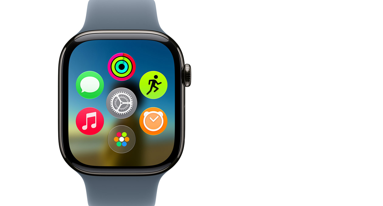 Apple Watch Series 11, titanio ardesia, con la griglia dinamica delle app
