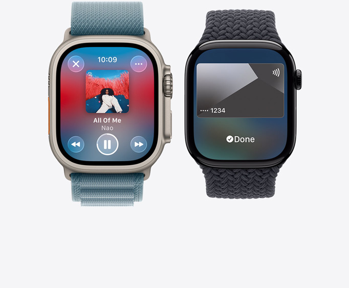 Apple Watch Ultra 3, Titangehäuse, Farbe Natur, Apple Music App, Display „Jetzt läuft“, Apple Watch Series 11, Aluminiumgehäuse, Farbe poliertes Diamantschwarz, Apple Pay Display, Apple Card