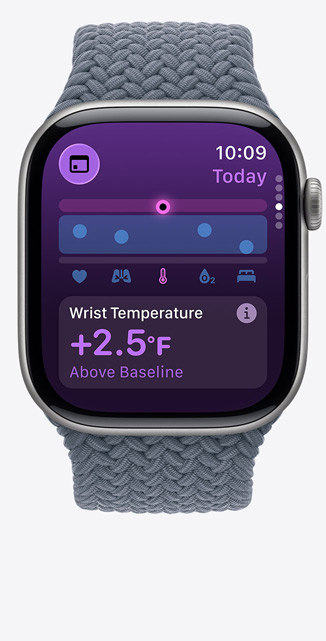 Apple Watch Series 11, Titangehäuse, Farbe Schiefer, Vitalzeichen App, Diagramm mit Gesundheitsbewertung, Mitteilung: Temperatur am Handgelenk über dem Basiswert, rechte Seitenansicht, Digital Crown, Geflochtenes Solo Loop Maritimblau