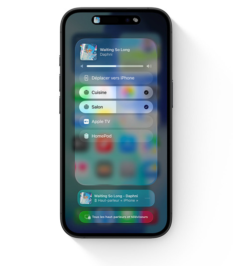 Un iPhone montrant l’interface utilisateur AirPlay pour l’audio dans plusieurs pièces