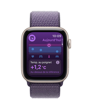 Apple Watch SE 3, boîtier en aluminium, couleur lumière stellaire, mesure de la température au poignet, côté droit, Digital Crown, Boucle Sport, couleur brume violette