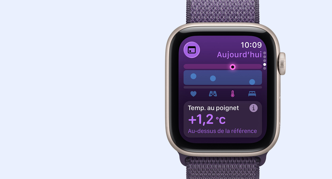 Apple Watch SE 3, boîtier en aluminium, couleur lumière stellaire, mesure de la température au poignet, côté droit, Digital Crown, bracelet, Boucle Sport, couleur brume violette