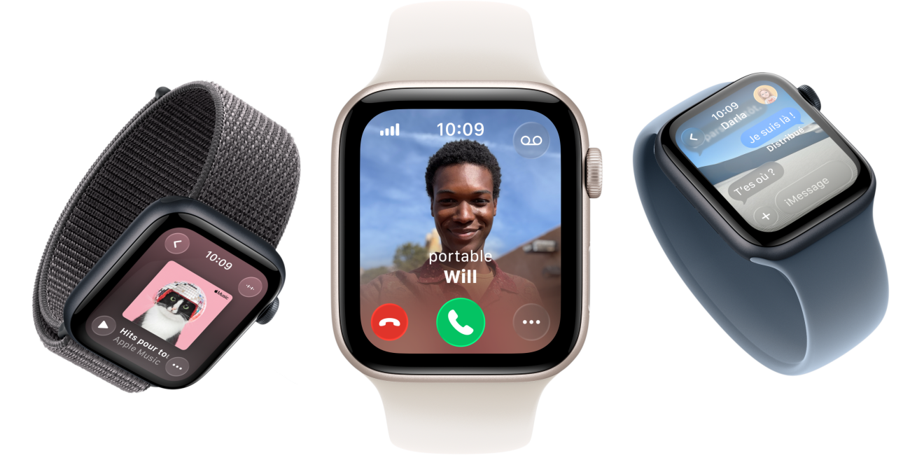 Apple Watch SE 3, boîtiers en aluminium, couleurs lumière stellaire et minuit, Boucle Sport, couleur gris foncé, Boucle Solo, couleur rose tendre, Boucle Solo, couleur bleu maritime, écrans : Apple Music, appel entrant, Messages