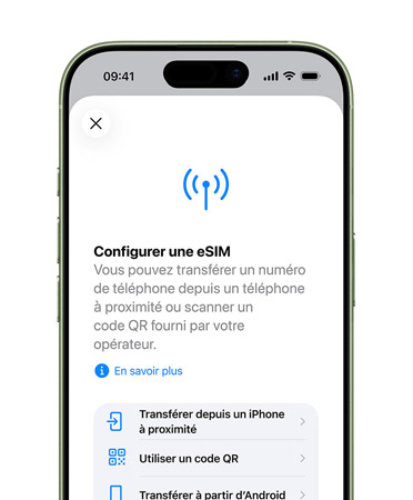 iPhone Air, face avant, fonctionnalité Activer le forfait cellulaire en cours d’utilisation pour transférer facilement un numéro de téléphone avec l’eSIM