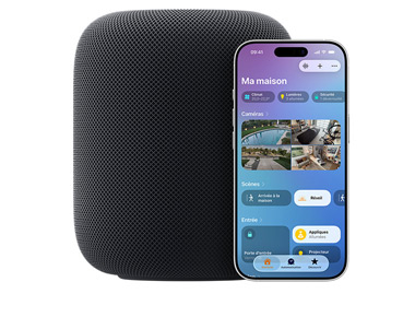 Un HomePod minuit avec un iPhone affichant l’interface Mon domicile dans l’app Maison