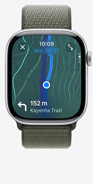 Apple Watch Series 11, écran de l’app Plans, itinéraire de randonnée