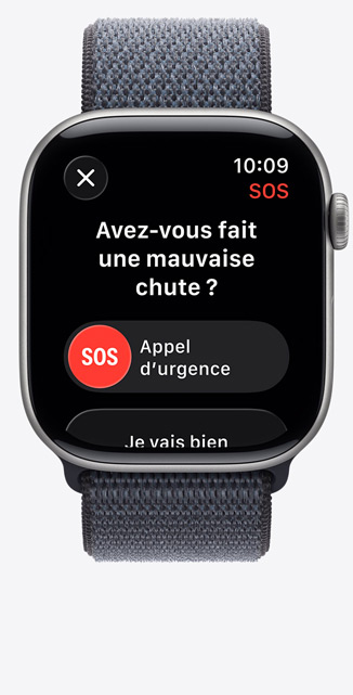 Apple Watch Series 11, boîtier en aluminium, finition gris sidéral, notification de mauvaise chute, option d’appel d’urgence, Boucle Sport, couleur bleu maritime