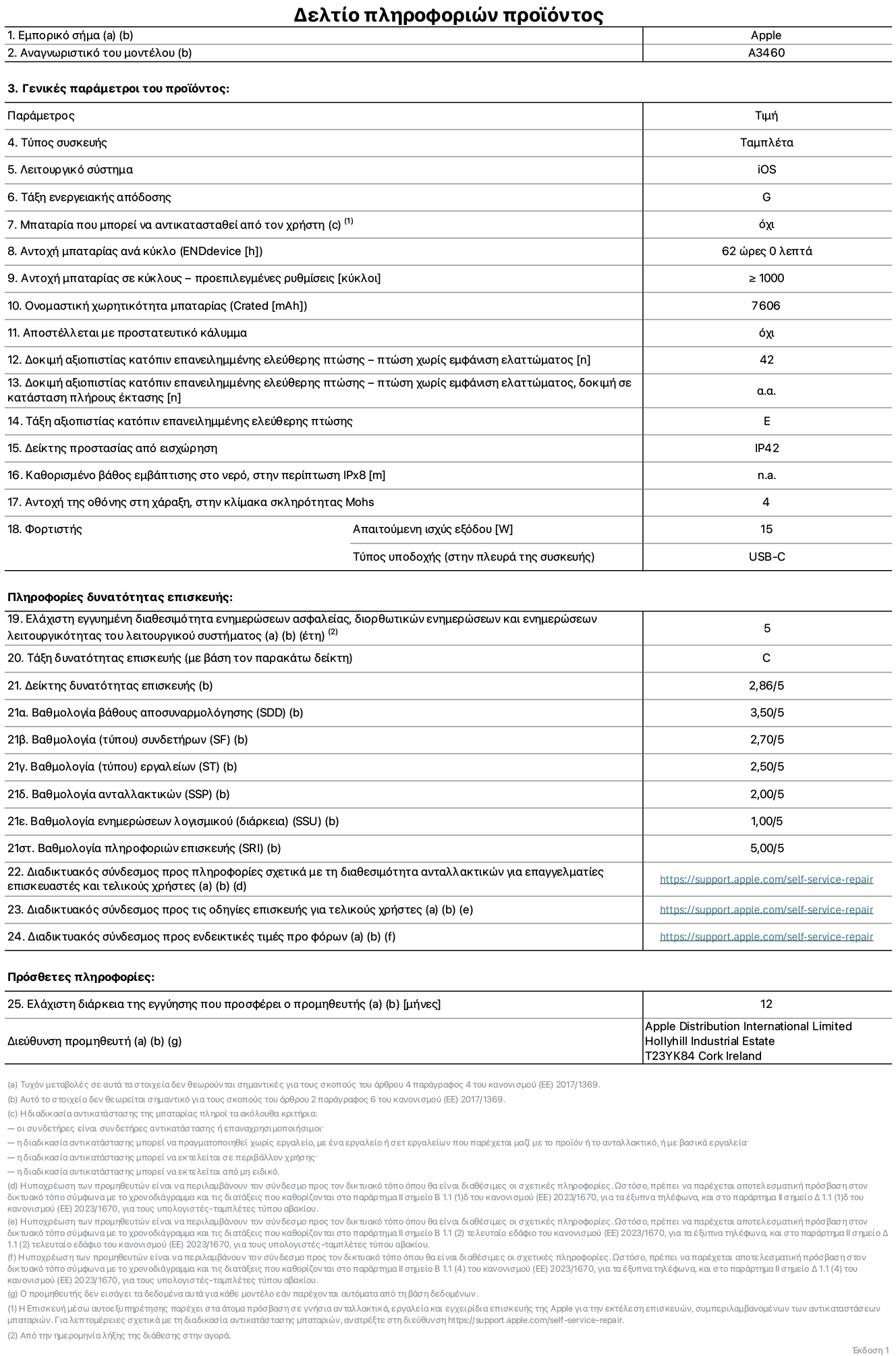 Φύλλο πληροφοριών προϊόντος για το iPad Air Wi-Fi + Cellular 11 ιντσών, μοντέλο A3460. Παρέχεται από την Apple Distribution International Limited, Hollyhill Industrial Estate. Cork, Ιρλανδία, T23 YK84. Τύπος συσκευής: τάμπλετ. Λειτουργικό σύστημα: iOS. Τάξη ενεργειακής απόδοσης: G. Δυνατότητα αντικατάστασης μπαταρίας από τον χρήστη: όχι. Αντοχή μπαταρίας ανά κύκλο: 62 ώρες. Αντοχή μπαταρίας σε κύκλους - προεπιλεγμένες ρυθμίσεις: μεγαλύτερη ή ίση του 1.000. Ονομαστική χωρητικότητα μπαταρίας: 7.606 μιλιαμπέρ-ώρα. Αποστέλλεται με προστατευτικό κάλυμμα: όχι. Δοκιμή αξιοπιστίας κατόπιν επανειλημμένης ελεύθερης πτώσης, πτώσεις χωρίς βλάβη: περισσότερες ή ίσες με 42. Δοκιμή αξιοπιστίας κατόπιν επανειλημμένης ελεύθερης πτώσης, πτώσεις χωρίς βλάβη σε κατάσταση πλήρους έκτασης: μη διαθέσιμο. Τάξη αξιοπιστίας κατόπιν επανειλημμένης ελεύθερης πτώσης: E. Αξιολόγηση προστασίας από εισχώρηση: IP42. Καθορισμένο βάθος εμβύθισης σε νερό, σε περίπτωση iPx8: μη διαθέσιμο. Ανθεκτικότητα οθόνης στις γρατζουνιές στην κλίμακα σκληρότητας Mohs: 4. Απαιτούμενη ισχύς εξόδου φορτιστή: 15 W. Τύπος υποδοχής ηλεκτρικού ρεύματος φορτιστή (στο άκρο της συσκευής): USB-C. Ελάχιστη εγγυημένη διαθεσιμότητα ενημερώσεων ασφαλείας, διορθωτικών ενημερώσεων και ενημερώσεων λειτουργικότητας λειτουργικού συστήματος: 5 έτη. Τάξη επιδιορθωσιμότητας: C. Δείκτης επιδιορθωσιμότητας: 2,86/5. Βαθμολογία βάθους αποσυναρμολόγησης (SDD): 3,50/5. Βαθμολογία συνδετήρων: 2,70/5. Βαθμολογία εργαλείων: 2,50/5. Βαθμολογία ανταλλακτικών: 2,00/5. Βαθμολογία ενημερώσεων λογισμικού: 1,00/5. Βαθμολογία πληροφοριών επιδιόρθωσης: 5,00/5. Διαδικτυακός σύνδεσμος με πληροφορίες για τη διαθεσιμότητα ανταλλακτικών για επαγγελματίες τεχνικούς και τελικούς χρήστες: https://support.apple.com/self-service-repair. Διαδικτυακός σύνδεσμος με πληροφορίες επιδιόρθωσης για τελικούς χρήστες: https://support.apple.com/self-service-repair. Διαδικτυακός σύνδεσμος με ενδεικτικές τιμές προ φόρου: https://support.apple.com/self-service-repair. Προσφέρεται 12μηνη γενική εγγύηση.