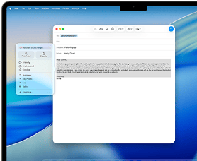 Οθόνη MacBook Air που δείχνει τα Εργαλεία Συγγραφής του Apple Intelligence να συντάσσουν ένα email