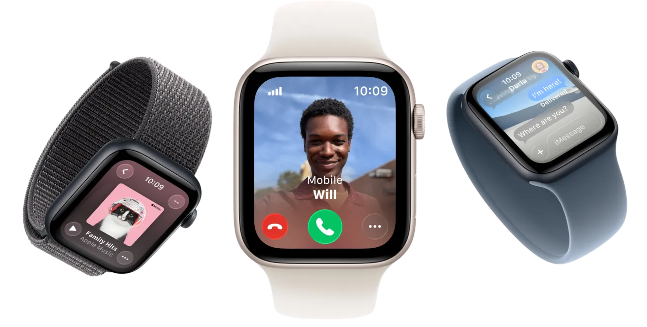 Apple Watch SE 3 裝置，採用星光色及午夜暗色鋁金屬錶殼，配搭深灰色運動手環、淡胭脂色單圈手環、錨鐵藍色單圈手環，螢幕顯示Apple Music、來電、訊息
