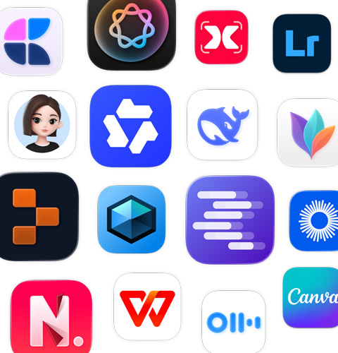 An array of AI app icons, including MindNode, Adobe Lightroom, Claude, and Google Gemini