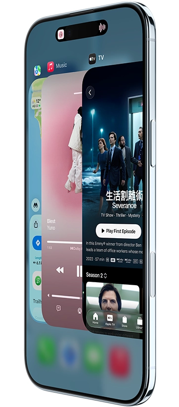 iPhone Air, front exterior, side exterior, with Maps, Music, and Apple TV apps, showcasing the App Switcher feature in use