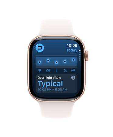 Apple Watch Series 11，玫瑰金色鋁金屬錶殼，展示維生指數 app、健康評分圖表、整夜維生指數正常通知；右側外觀：數碼錶冠，配搭淡胭脂色運動錶帶