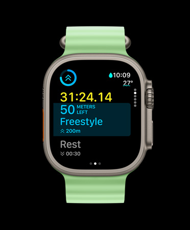 Apple Watch Ultra 3, prirodna boja, kućište od titanija, aplikacija Trening, kartica prilagođenog treninga, prikaz Sljedeće na redu, neonski zeleni remen Ocean