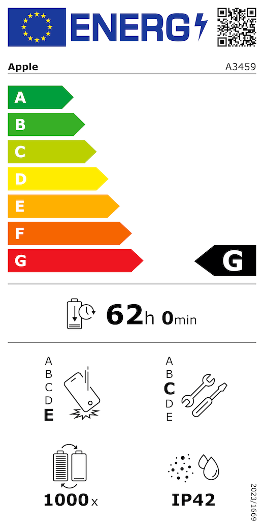 QR kôd EU oznake energetske učinkovitosti i informacije, Apple model A3459, razred G, razredi energetske učinkovitosti (na ljestvici od A do G), A (najučinkovitiji) do G (najmanje učinkovit), izdržljivost baterije po ciklusu, 62 sata i 0 minuta po punom punjenju baterije, klasa pouzdanosti pri ponovljenim slobodnim padovima E, A (najizdržljiviji) do E (najmanje izdržljiv), klasa popravljivosti A, A (najlakše popravljivo) do E (najteže popravljivo), 1000 ciklusa izdržljivosti baterije, zaštita od prašine i vode (IP) ocjena IP42, uredba 2023/1669