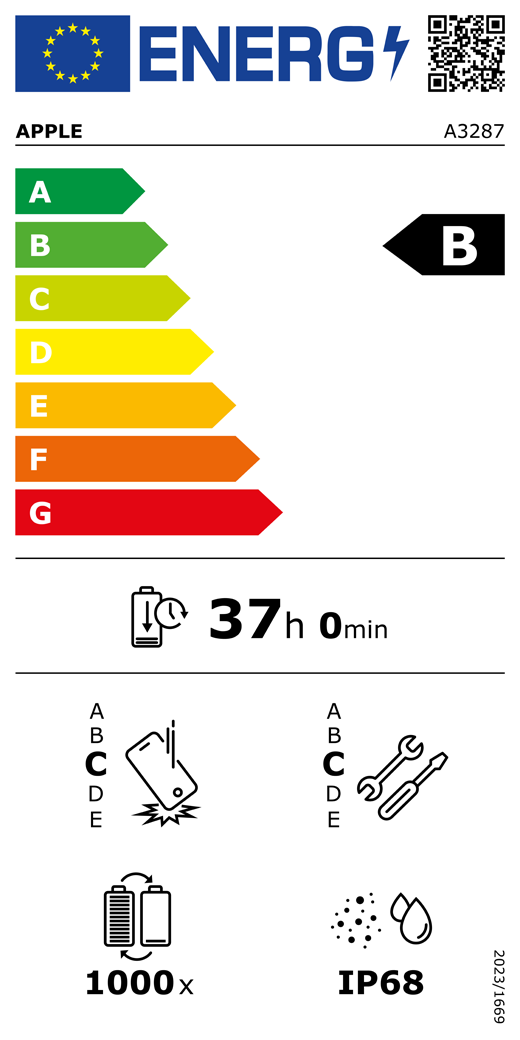 EU oznaka energetske učinkovitosti – QR kôd i informacije, Apple model A3287, razred B, razredi energetske učinkovitosti (sa skalom od A do G), A (najučinkovitiji) do G (najmanje učinkovit), izdržljivost baterije po ciklusu, 37 sati i 0 minuta po punom punjenju baterije, klasa pouzdanosti pri ponovljenim slobodnim padovima C, A (najizdržljiviji) do E (najmanje izdržljiv), klasa popravljivosti C, A (najlakše popravljivo) do E (najteže popravljivo), 1000 ciklusa izdržljivosti baterije, zaštita od prašine i vode (IP) ocjena IP68, uredba 2023/1669