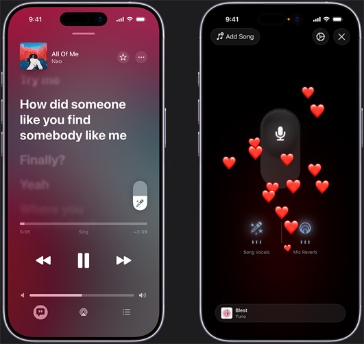 Két iPhone látható, a bal oldalin Nao „All of Me” című dalának lejátszása Apple Music Sing módban, a jobb oldalin pedig az Apple Music Sing mód, miközben szív emojik emelkednek fel, a kijelző közepén egy mikrofon piktogram, alul pedig a „Song Vocals” (Dal énekhangjai) és a „Mic Reverb” (Mikrofon zengetése) ikonok szerepelnek