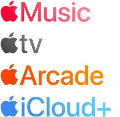 Előfizetéses Apple-szolgáltatások logói, köztük az Apple Music, Apple TV, Apple Arcade és iCloud+