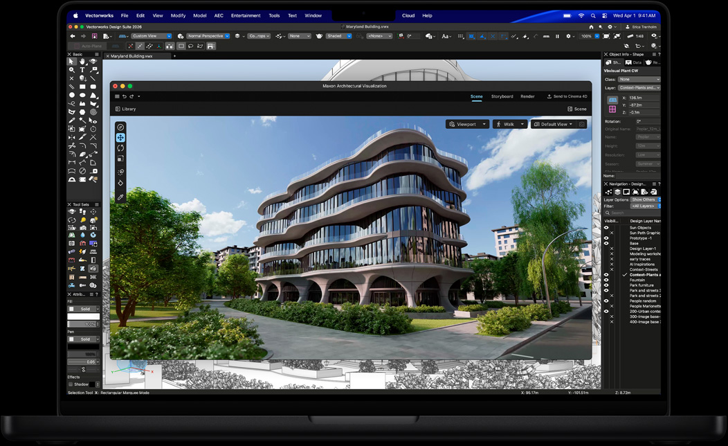 Egy MacBook Pro kijelzőjén a Vectorworks Design Suite látszik a Maxon Redshifttel