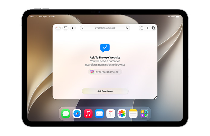 iPad menampilkan antarmuka Minta Izin Telusuri, memberi tahu pengguna bahwa mereka memerlukan izin untuk menelusuri dengan tombol “Minta izin” di bawah.