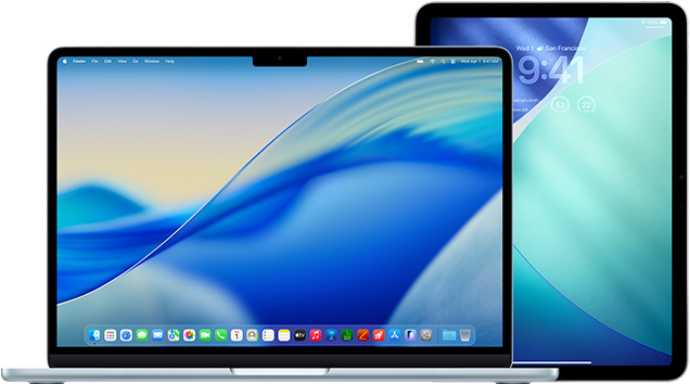 MacBook di sebelah kiri, iPad di sebelah kanan, layar menampilkan wallpaper biru dan hijau yang serupa.