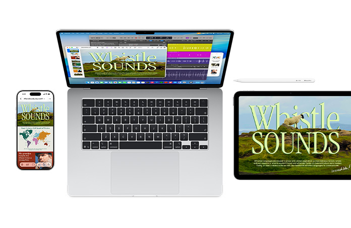 Mac, iPhone, Apple Pencil, dan iPad menampilkan proyek Whistle Sounds yang sama di berbagai layar, menunjukkan  perangkat Apple bekerja bersama dengan lancar
