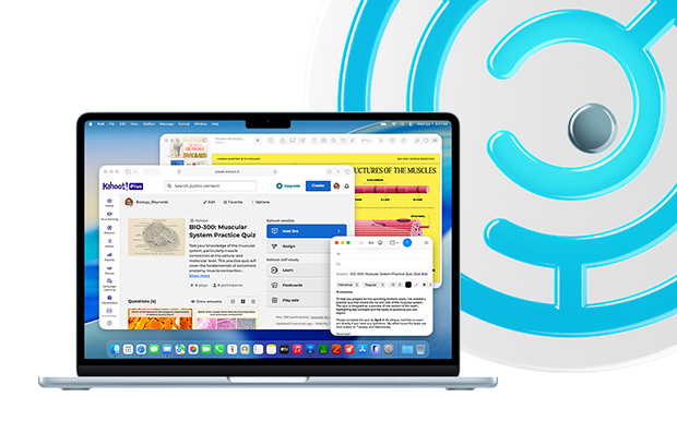 MacBook, Biru Langit, laptop terbuka menampilkan konten pendidikan di Keynote, Mail, dan Safari menampilkan Kahoot!, termasuk 