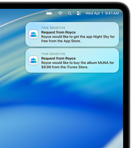 Dua pemberitahuan macOS di sudut kanan atas layar Mac, masing-masing menampilkan permintaan pembelian, yang pertama untuk Night&nbsp;Sky dari App&nbsp;Store, yang kedua untuk album MUNA dari iTunes&nbsp;Store