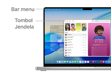 Tur navigasi macOS di MacBook Pro 14" dengan garis yang menunjukkan lokasi Bar Menu dan Tombol Jendela.