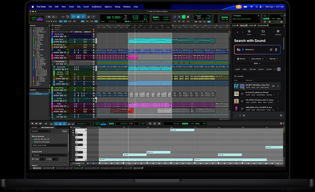 Layar MacBook Pro menampilkan Pro Tools yang sedang digunakan untuk mengedit lagu