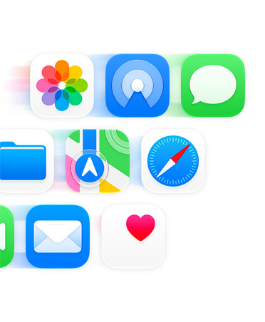 Grid ikon aplikasi termasuk Pesan, Safari, dan Mail