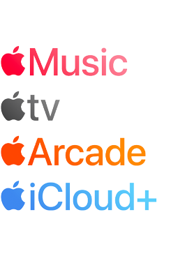 Apple subscription services logotypes including Apple Music, Fitness+, Apple TV, Apple News+, Apple Arcade, iCloud+