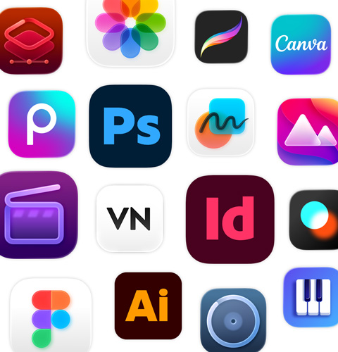 An array of creativity app icons, including Adobe Illustrator, Canva, CapCut and Figma