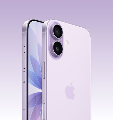 iPhone 17 in Lavender finish, partial-screen display and side angle shows — Action, volume and side button. Back exterior shows Dual Fusion camera system in top-left corner.