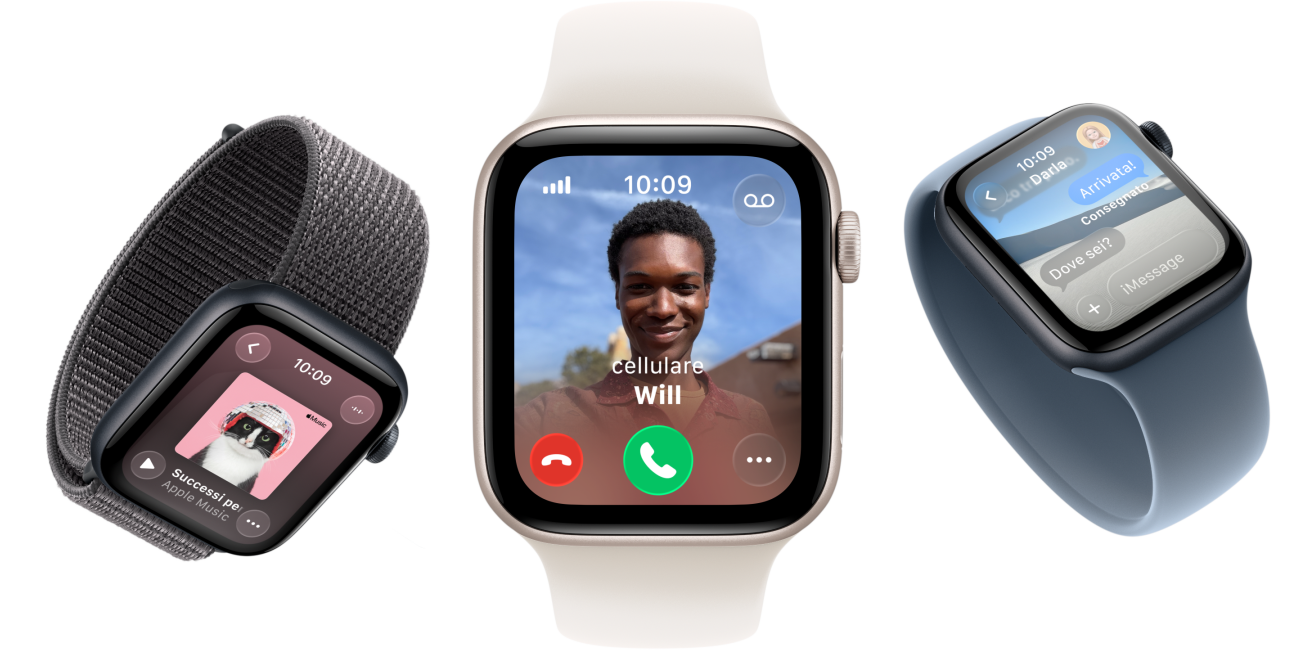 Vari Apple Watch SE 3, casse in alluminio color galassia e mezzanotte, Sport Loop grigio scuro, Solo Loop rosa fard, Solo Loop blu salmastro, schermate: Apple Music, chiamata in arrivo, Messaggi