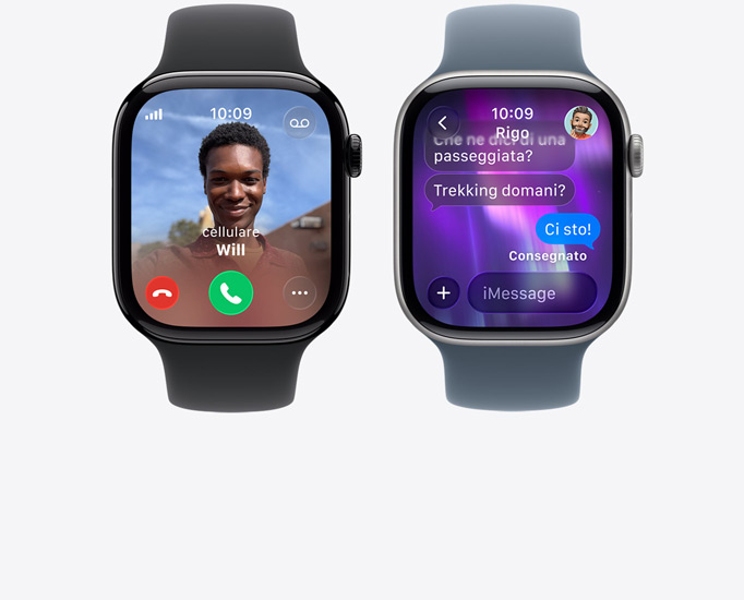 Dispositivi Apple Watch Series 11, chiamata in arrivo, foto di contatto, pulsanti per accettare e rifiutare la chiamata, conversazione iMessage