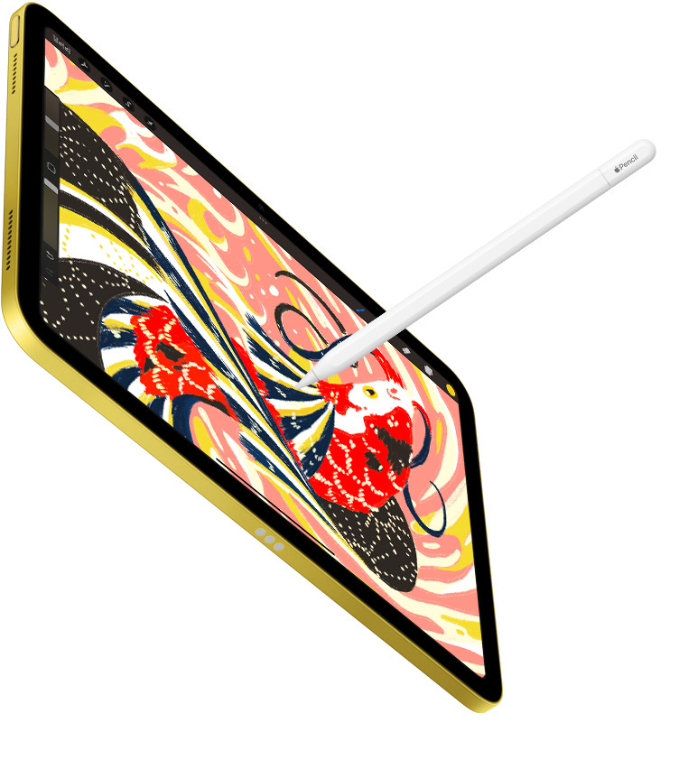 Procreate 앱에서 형형색색의 일러스트를 보여주는 iPad와 iPad 위에 그림을 그리는 Apple Pencil