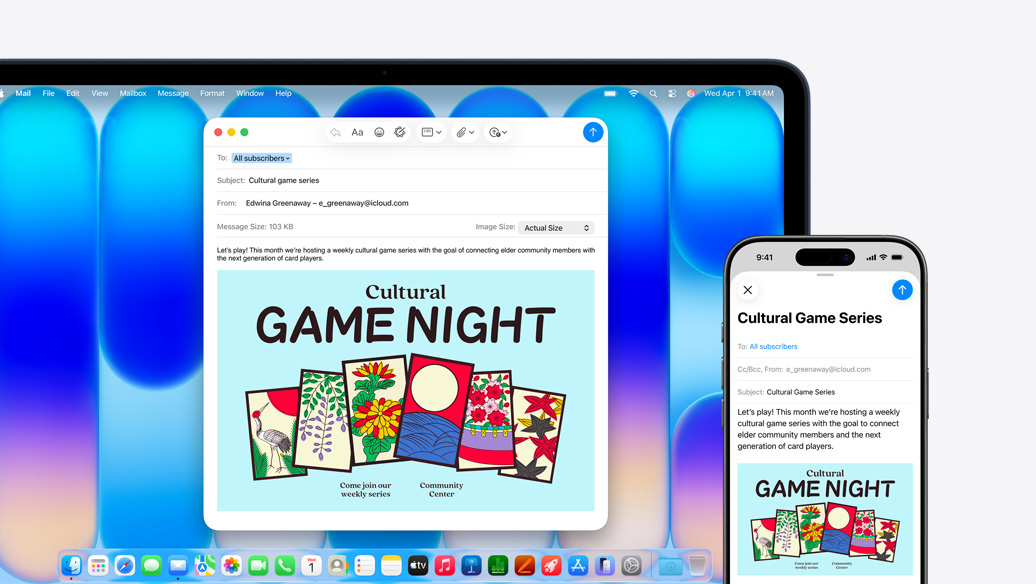 커뮤니티 센터 행사 안내 이메일을 두 화면에 똑같이 띄워둔 iPhone과 인디고 색상 MacBook Neo의 모습