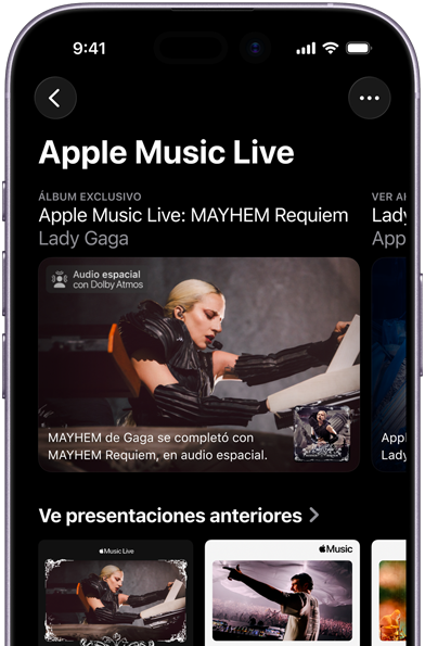 Pantalla de Apple Music Live en un iPhone que muestra Ver Ahora y conciertos anteriores